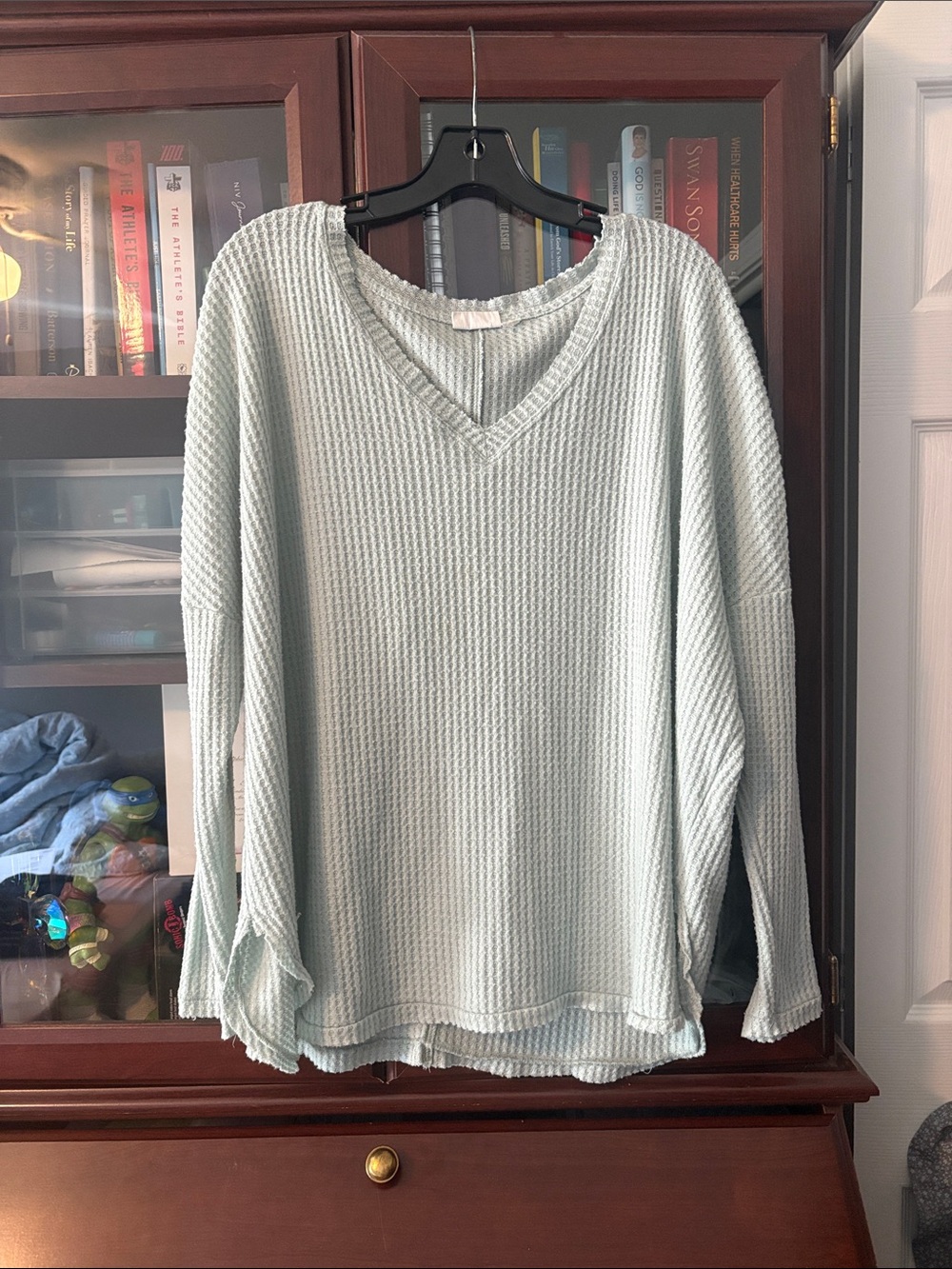 Out From Under Light Mint Waffle Knit V-Neck Sweater